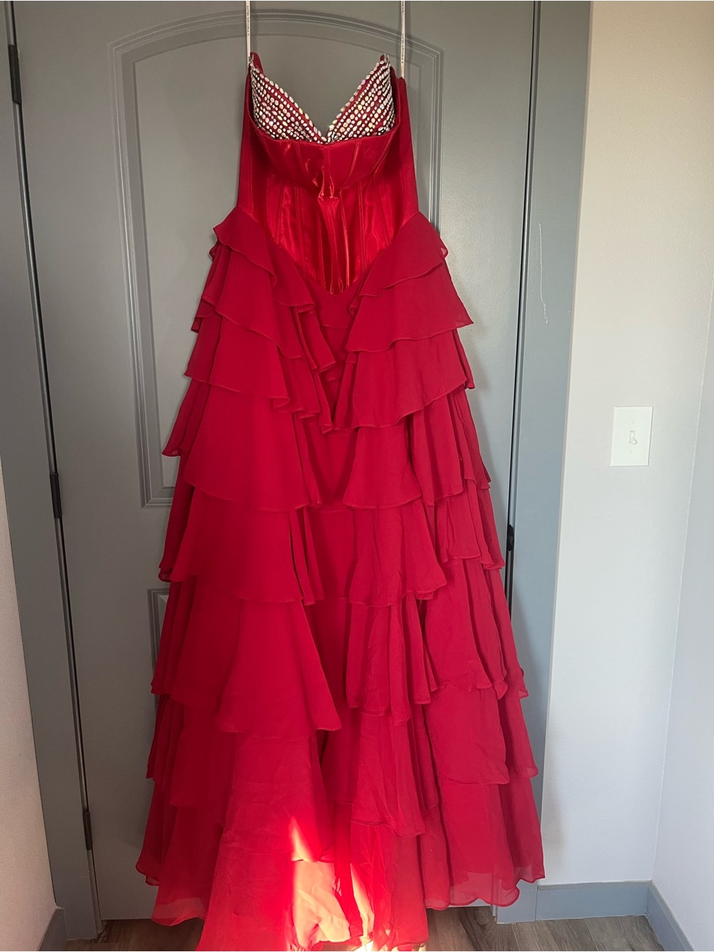 Portia and Scarlett Red Tiered Ruffle Prom Gown with Beaded Bodice